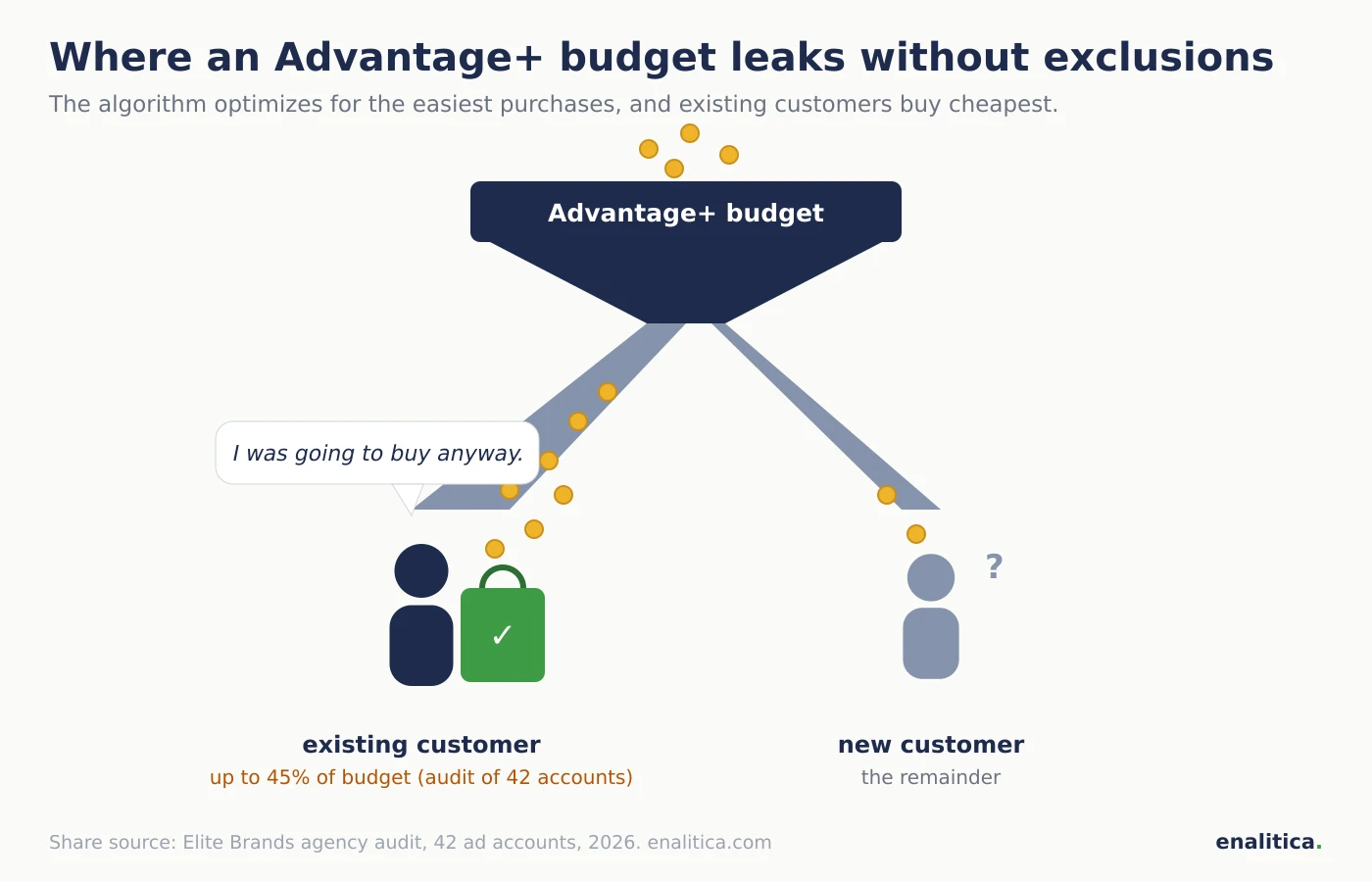 Cartoon of an Advantage+ budget funnel: the wide pipe leads to an existing customer with a full shopping bag saying they would have bought anyway, the narrow pipe to a new customer