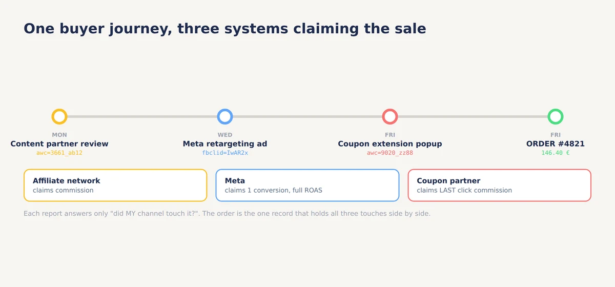 Subway-style diagram of one buyer journey: a content partner click with an affiliate click ID, a Meta retargeting click with an fbclid, a coupon extension popup at checkout, then one order, with three separate systems each claiming the same sale