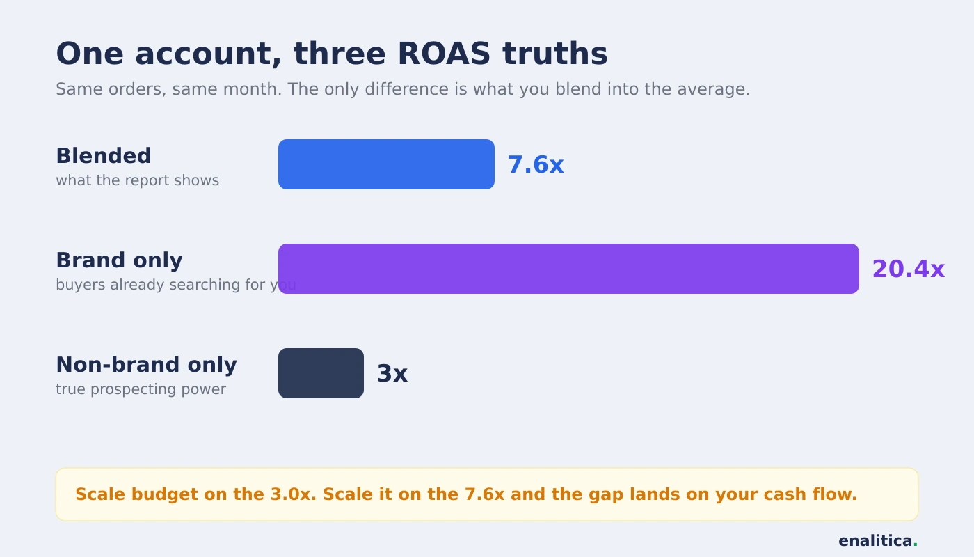 Blended ROAS hides the split: brand campaigns at 20x mask a 3x non-brand reality that should drive budget decisions