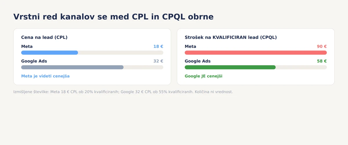 Primerjava kanalov z izmišljenimi številkami: Meta zmaga pri ceni na lead z 18 proti 32 evrom, Google zmaga pri strošku na kvalificiran lead z 58 proti 90 evrom