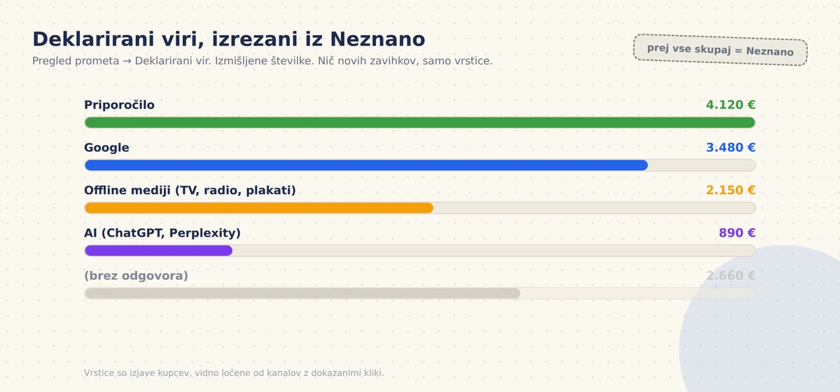 Pregled prometa z dimenzijo deklariranega vira: vrstice prihodka za priporočilo, Google, offline medije in AI, vsaka iz izjav kupcev, naročila brez odgovora pa ostanejo v vrstici ni nastavljeno