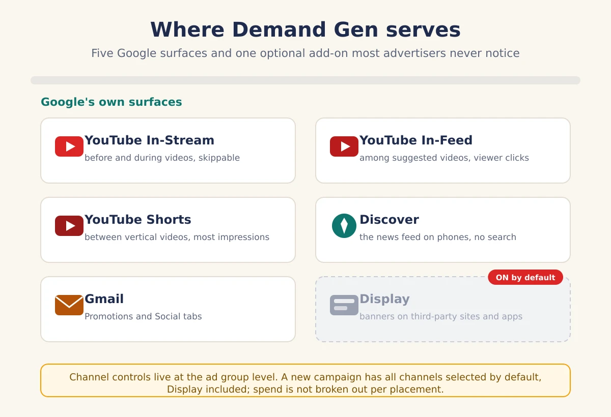 Map of Demand Gen surfaces: YouTube In-Stream, In-Feed and Shorts, the Discover feed and Gmail are Google's own surfaces, while the Display network is an optional add-on with banners on third-party sites