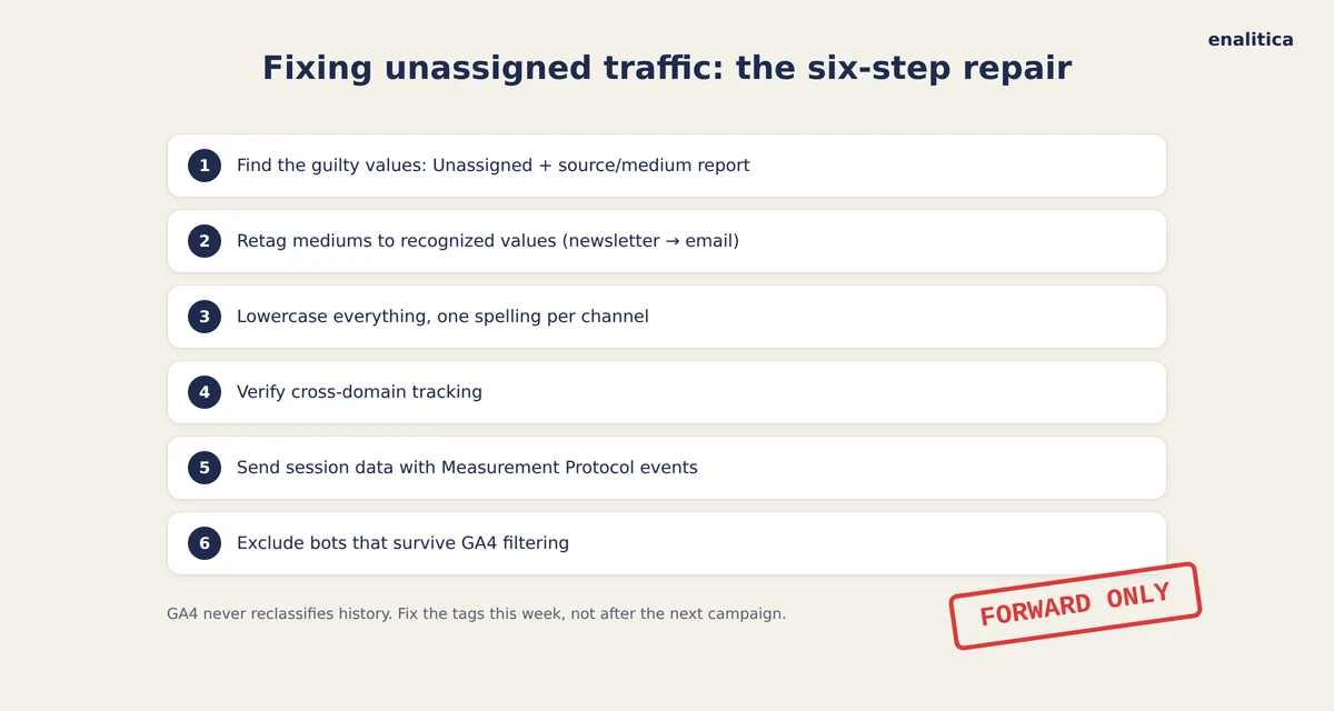 Checklist for fixing unassigned traffic in GA4, from diagnosis to forward-only repair