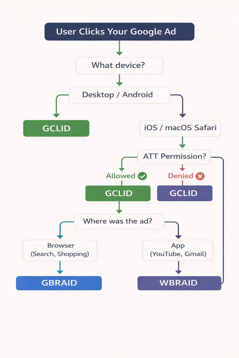 Decision tree showing which Google Ads click ID is sent based on device and privacy settings: Desktop and Android get GCLID, iOS with ATT allowed gets GCLID, iOS with ATT denied gets GBRAID for browser ads or WBRAID for app-to-web ads