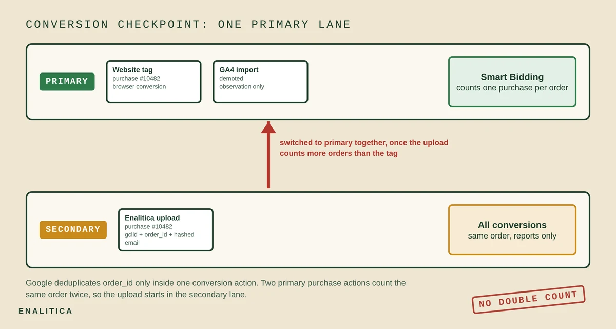 Two lanes at a border checkpoint: the primary lane feeds Smart Bidding and counts one purchase per order, the secondary lane records the same purchase for observation only; the Enalitica upload starts in the secondary lane and moves to primary once its coverage is fuller than the website tag