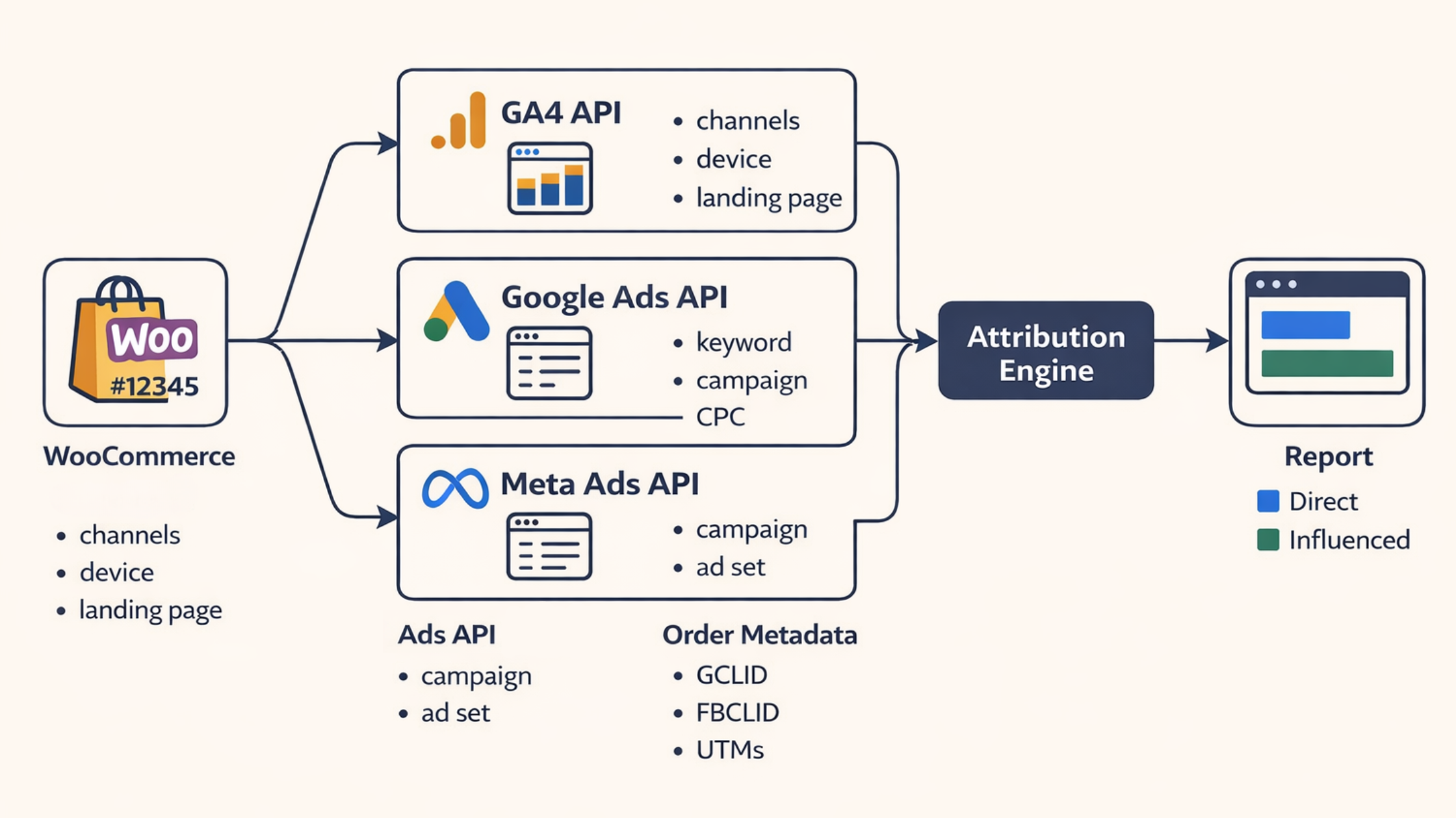 Order-based attribution data pipeline: WooCommerce order flows through GA4 API, Google Ads API, and Meta Ads API enrichment into an attribution engine that produces reports with direct and influenced revenue