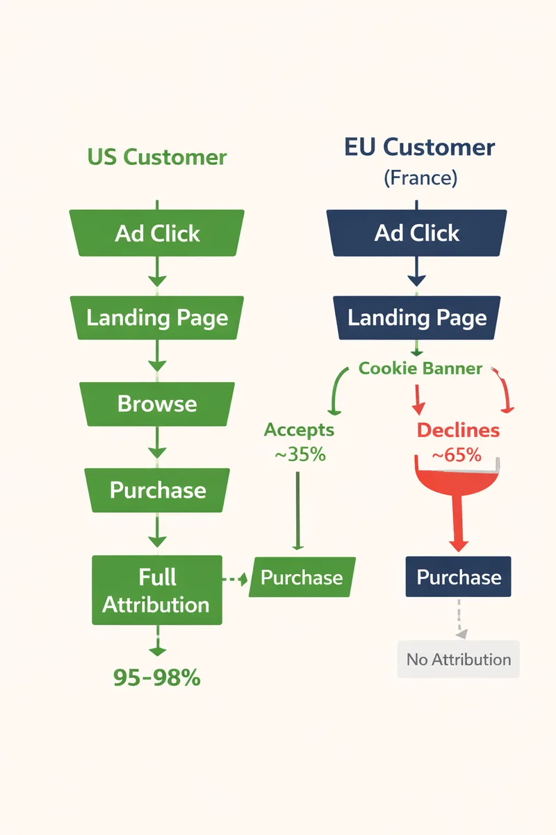 US vs EU customer attribution funnel: US customers get 95-98% full attribution, while EU customers lose ~65% of attribution data due to cookie consent