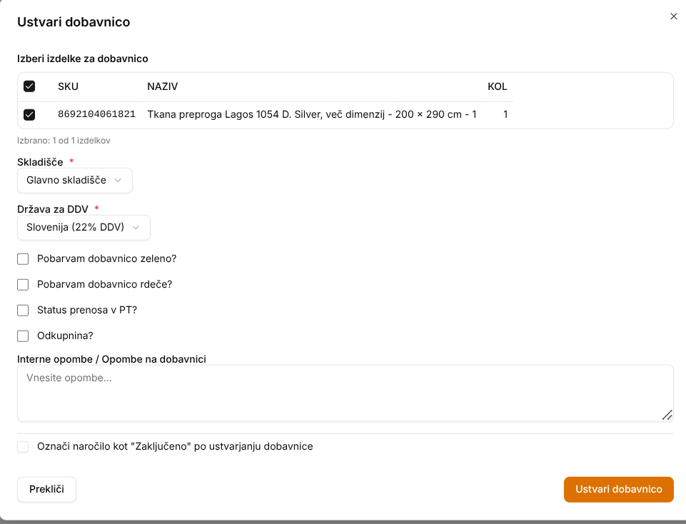 Dialog za ustvarjanje dobavnice