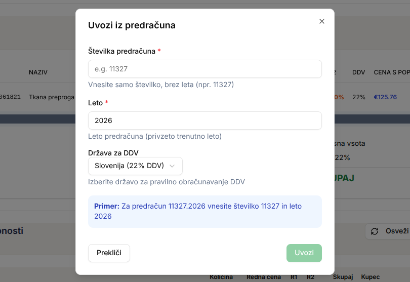 Vmesnik za uvoz predračuna